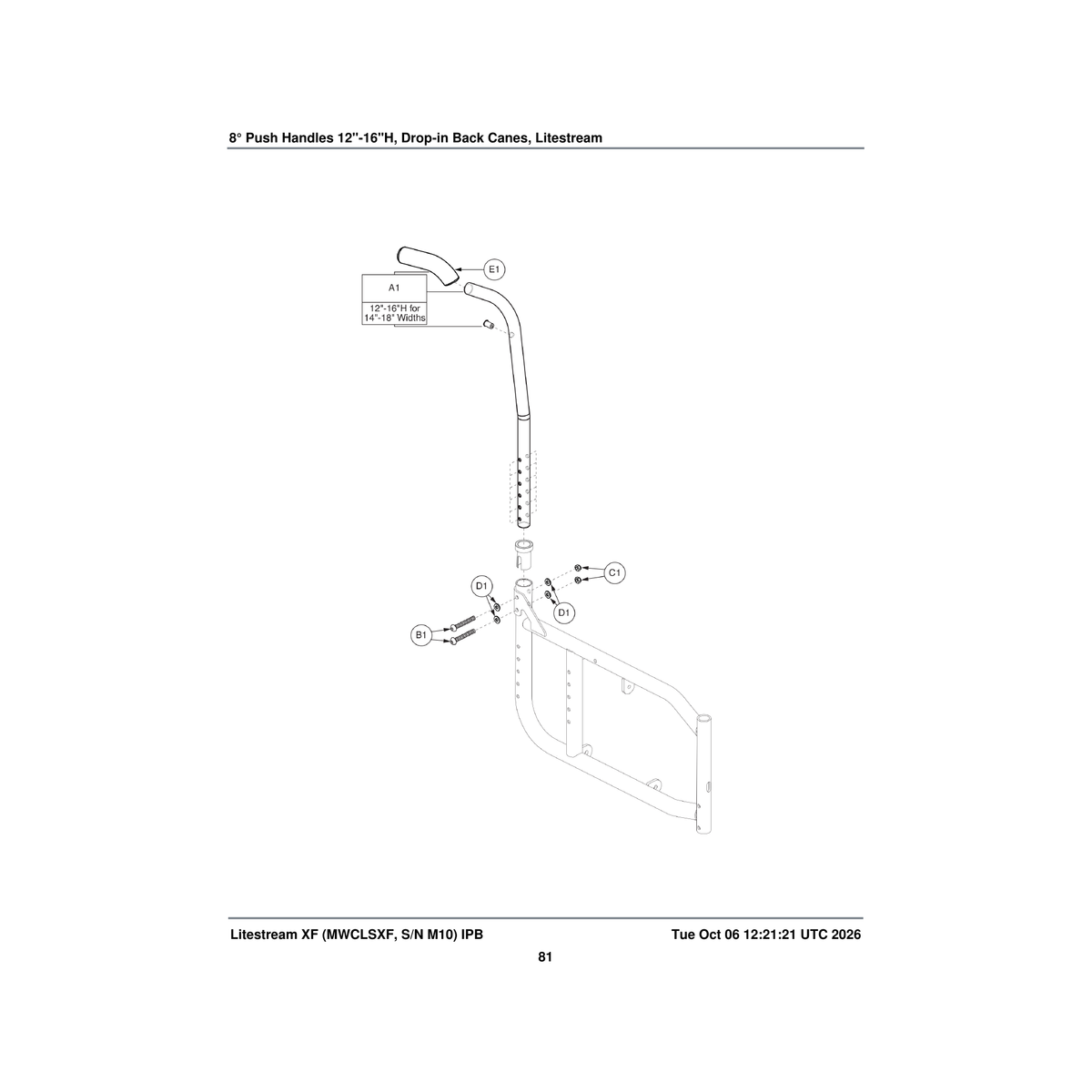 Pride Mobility FRMASMB9244 8a° drop in back cane assembly with push handle 12 inch h-16 parts diagram