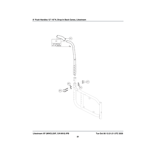 Pride Mobility FRMASMB9244 8a° drop in back cane assembly with push handle 12 inch h-16 parts diagram