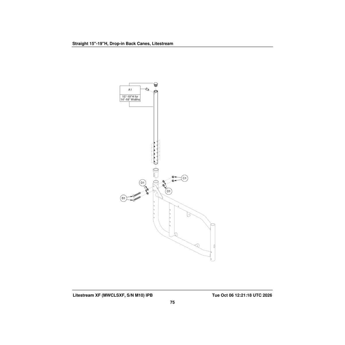 Pride Mobility FRMASMB9251 drop-in back cane assembly straight 15 inch h-19 inch h parts diagram