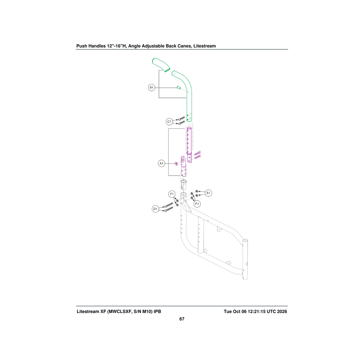 Pride Mobility FRMASMB9253 angle adjustable back cane assembly with push handle 12 inch parts diagram