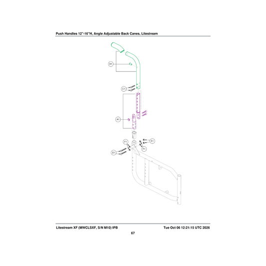 Pride Mobility FRMASMB9253 angle adjustable back cane assembly with push handle 12 inch parts diagram