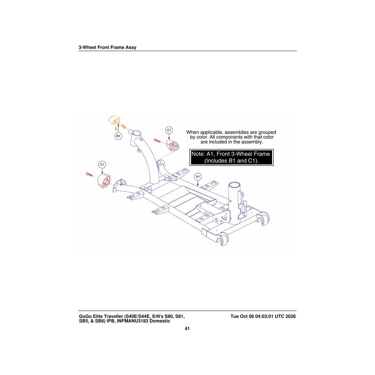 Pride Mobility FRMASMB9373 front frame assembly 3-wheel parts diagram