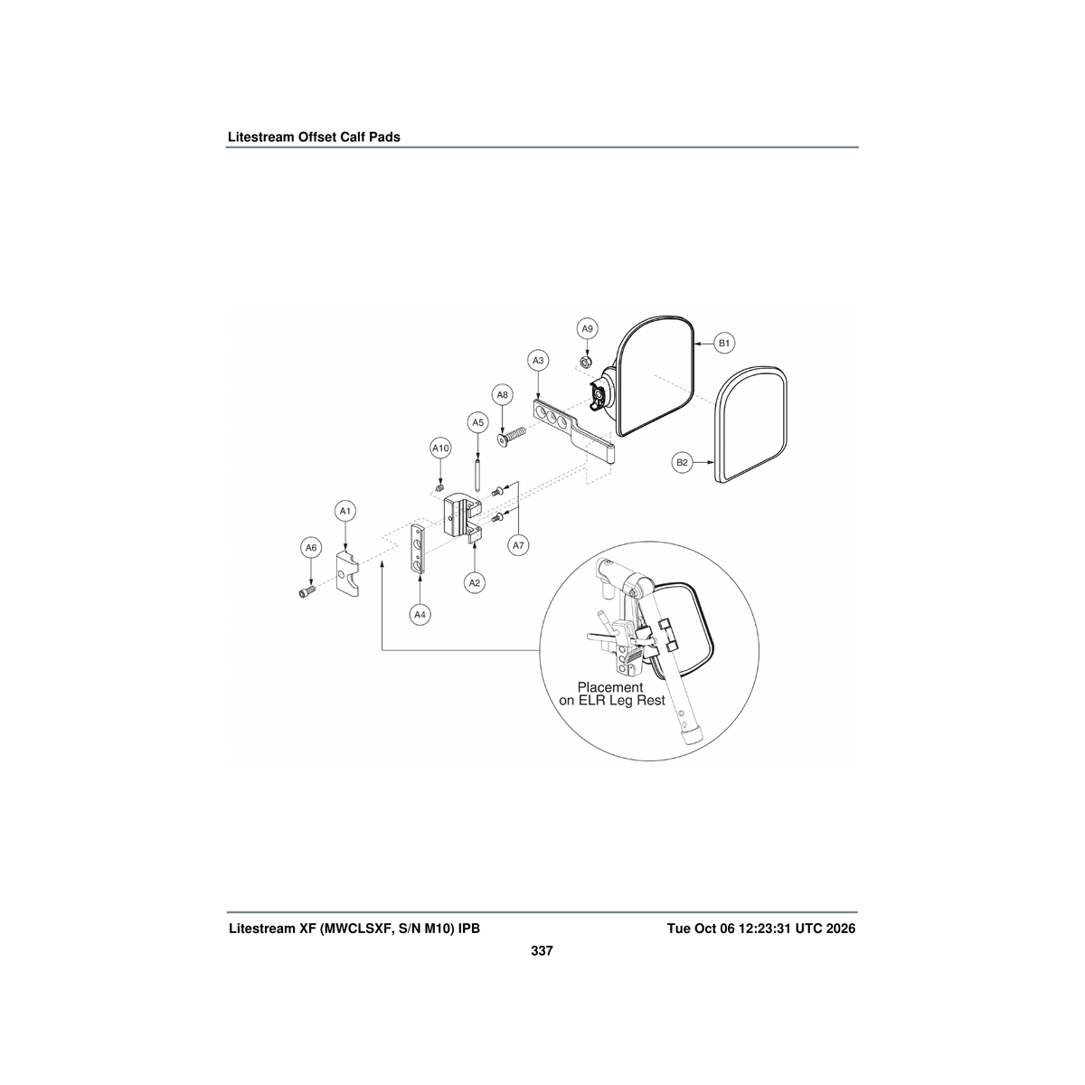 Pride Mobility FRMASMB9543 offset calf pad assembly with 3 hole flip-up bracket parts diagram