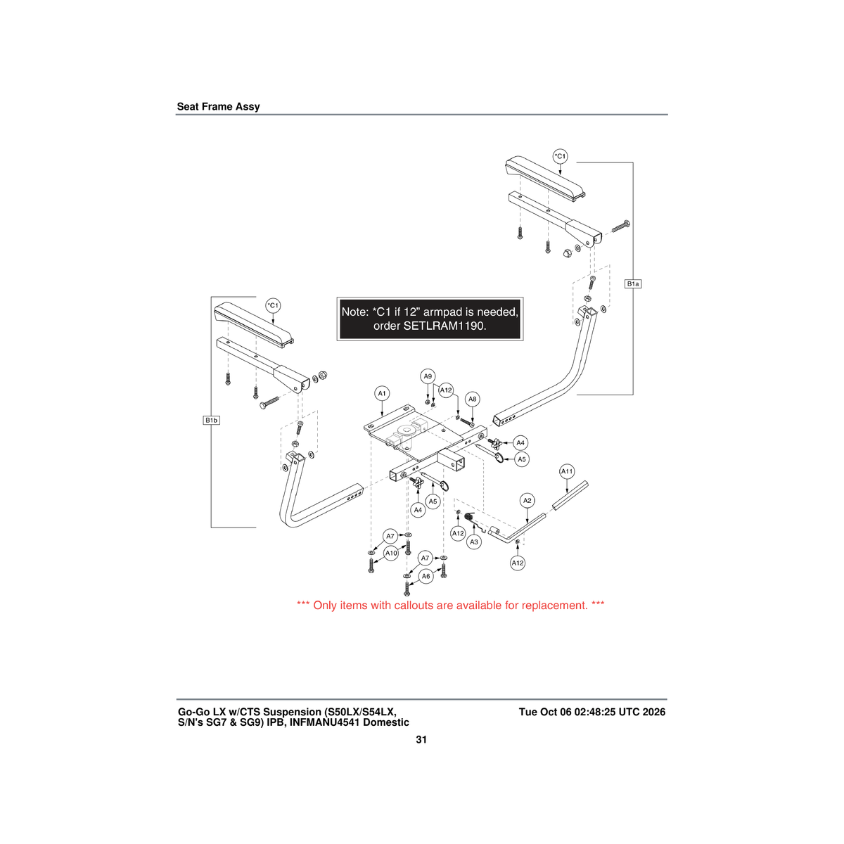 Pride Mobility FRMASMB9829 platform seat frame assembly molded plastic seat parts diagram
