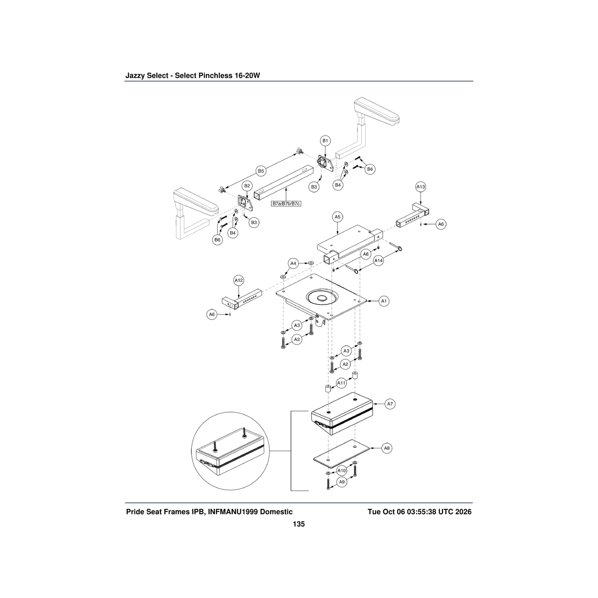 Pride Mobility FRMASMB9834 pinchless hinge seat frame assembly 20 inch w jazzy select parts diagram