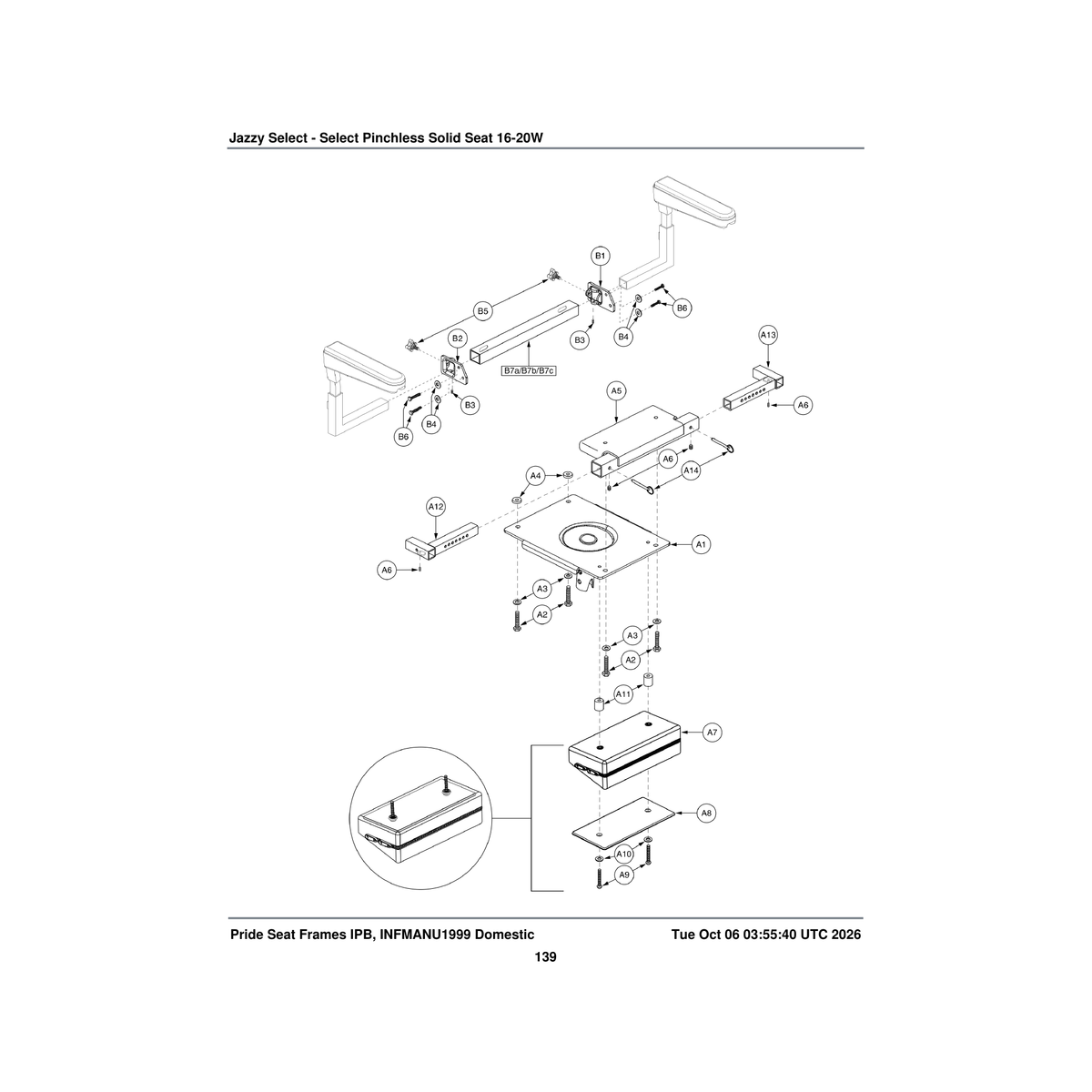 Pride Mobility FRMASMB9837 pinchless hinge with solid seat pan seat frame assembly 20 parts diagram