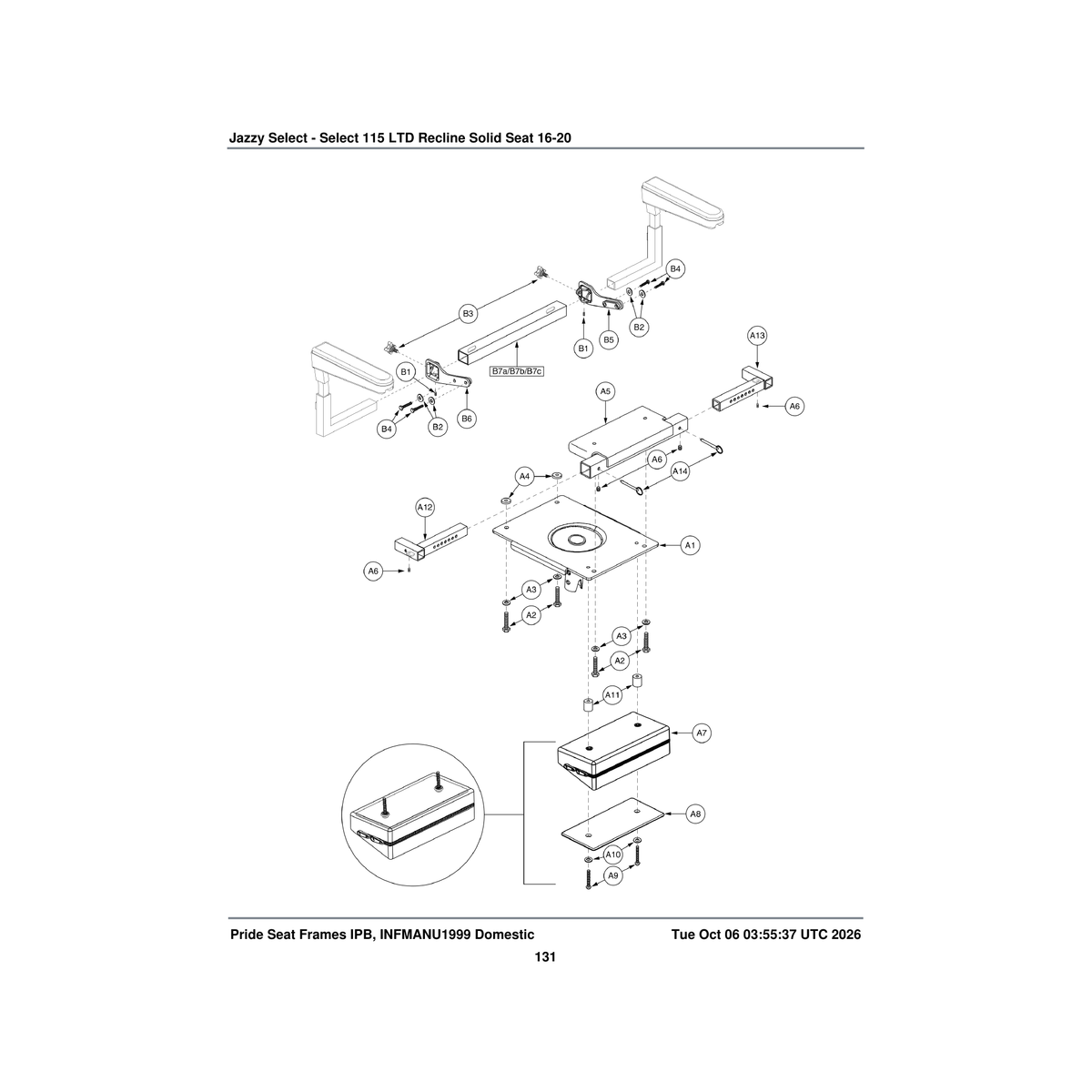 Pride Mobility FRMASMB9843 115°ltd rec hinge with solid seat pan seat frame assembly 20 parts diagram