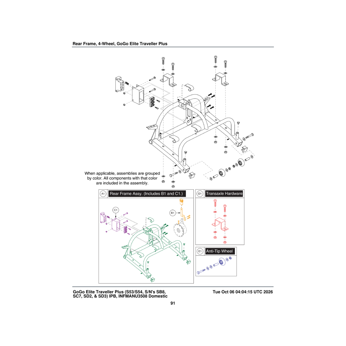 Pride Mobility FRMASMB9848 rear frame assembly 4 wheel parts diagram