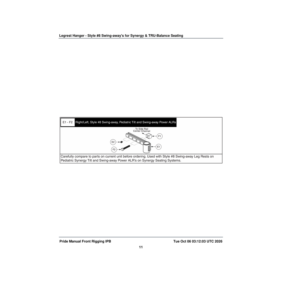 Pride Mobility FRMASMB9972 s/a #8 legrest hanger assembly synergy slotted offset parts diagram