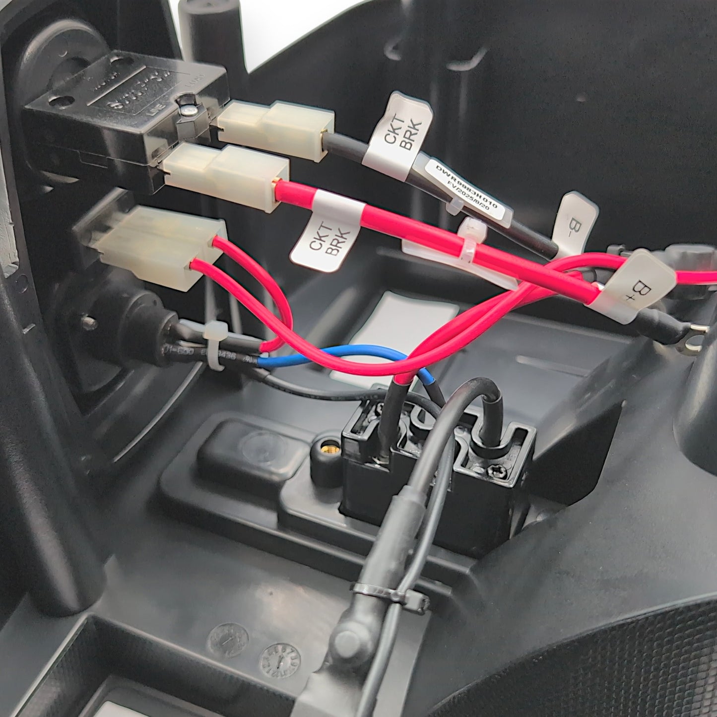 inside view closeup of 20 amp circuit breaker and connectors
