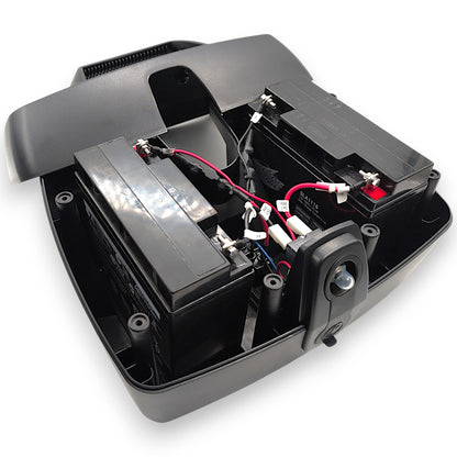 lid removed from battery box showing the variant that has two Interstate sla1116 batteries installed. These are the 12 Volt, 12 Amp, standard batteries