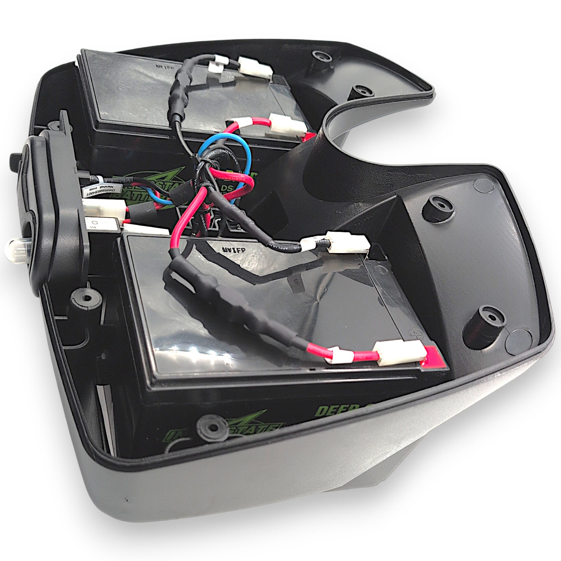 side view with lid removed, showing Interstate dsl1104 15 Amp deep cycle batteries installed