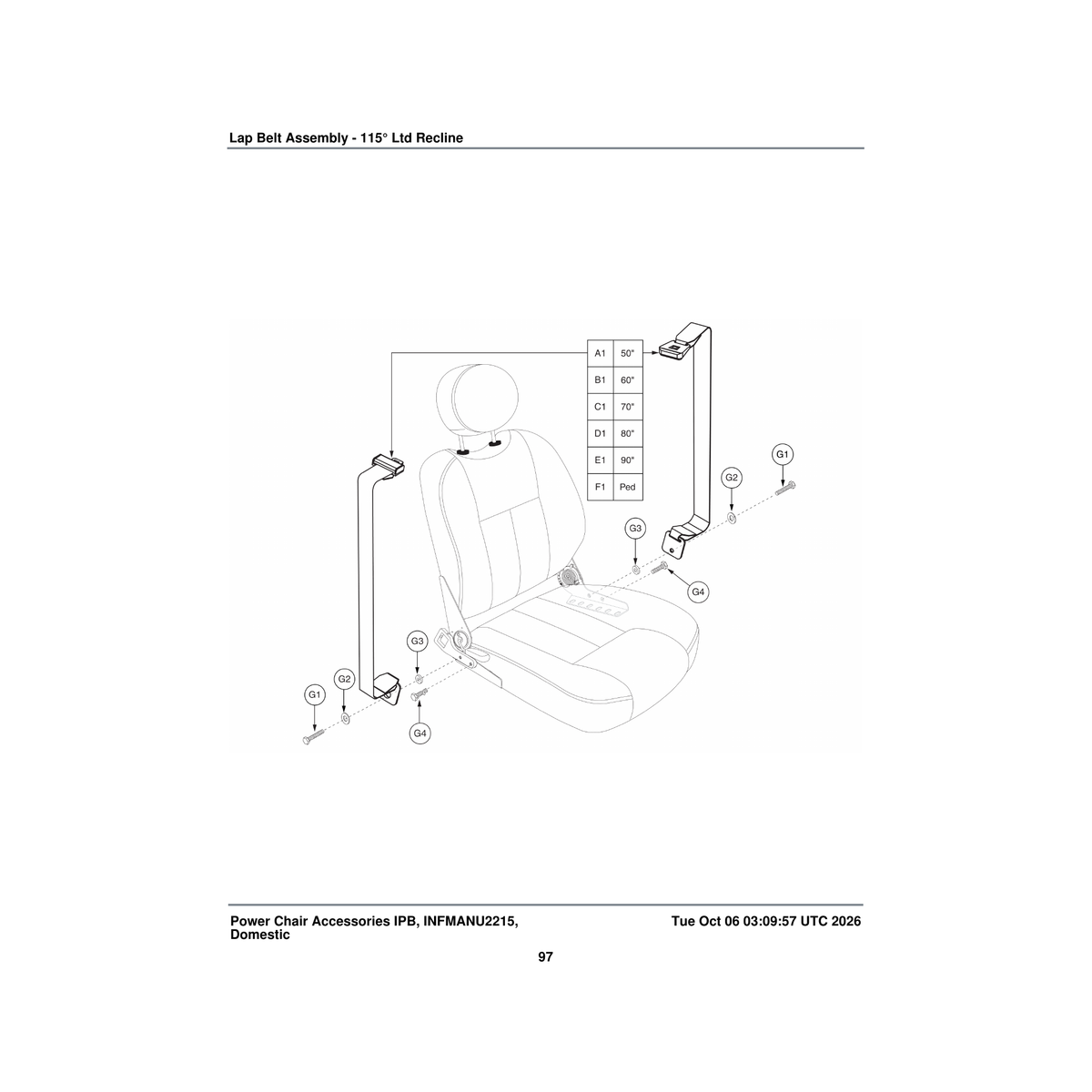 Pride Mobility HDWASMB1040 115a° ltd recline seat lap belt mounting hardware assembly parts diagram
