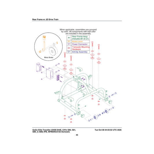 Pride Mobility HDWASMB1045 transaxle mounting hardware assembly parts diagram