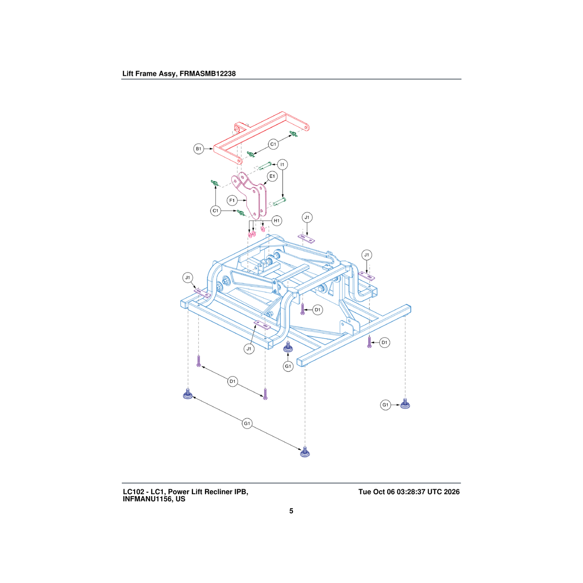 Pride Mobility INDPART2621 frame t-bracket footrest c1kd parts diagram