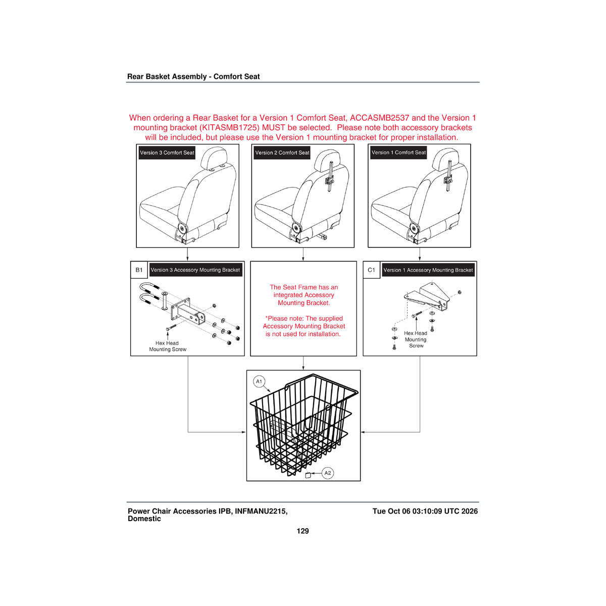 Pride Mobility INFINFB2431 manual installation instructions rear basket with mounting parts diagram