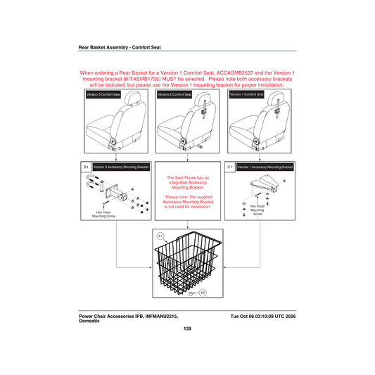 Pride Mobility INFINFB2431 manual installation instructions rear basket with mounting parts diagram