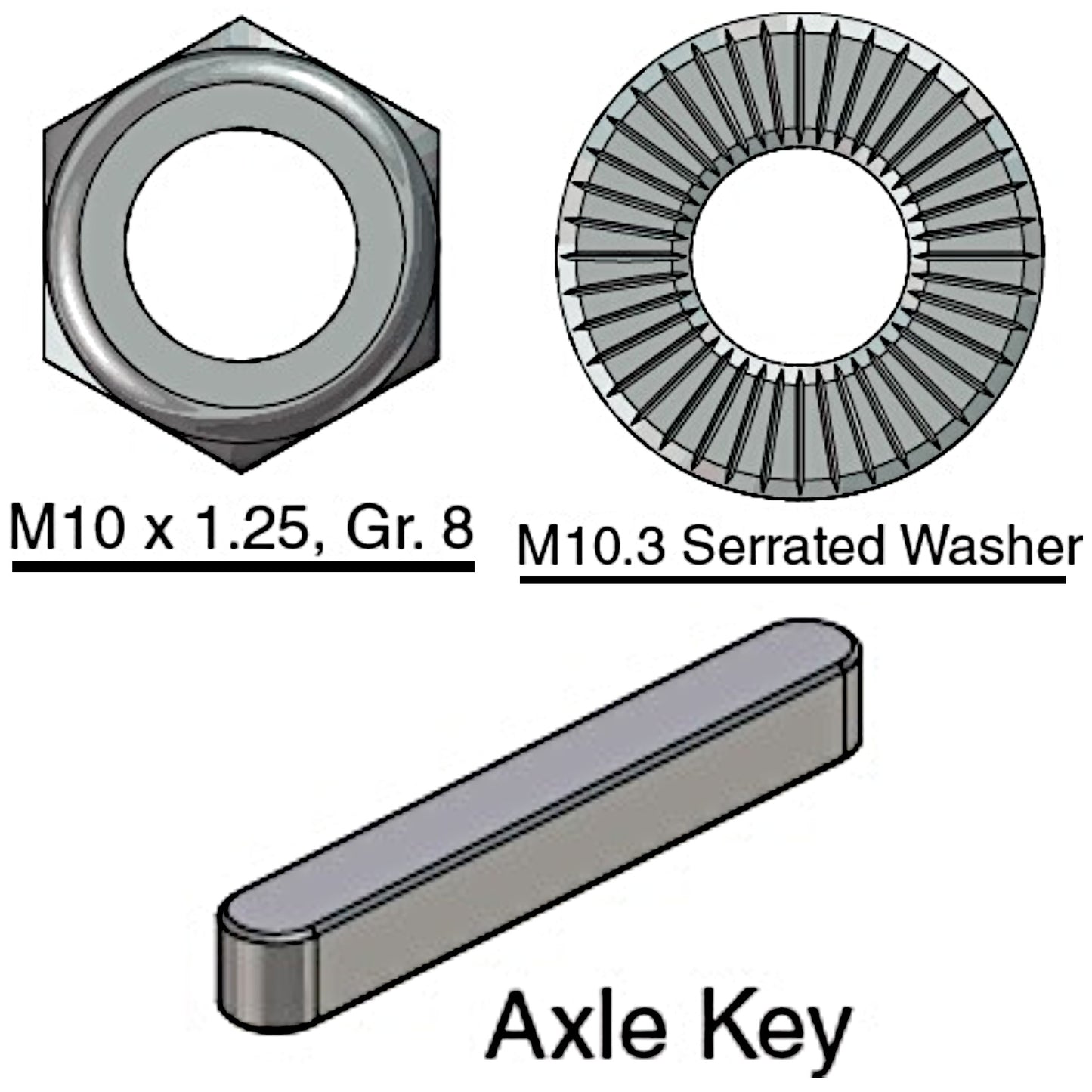 Pride Mobility Axle Keyway 6mm x 6mm x 40mm M10x1.25 Lock Nut M10 Serrated Flat Washer - KIT150480