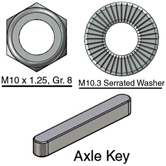 Pride Mobility Axle Keyway 6mm x 6mm x 40mm M10x1.25 Lock Nut M10 Serrated Flat Washer - KIT150480
