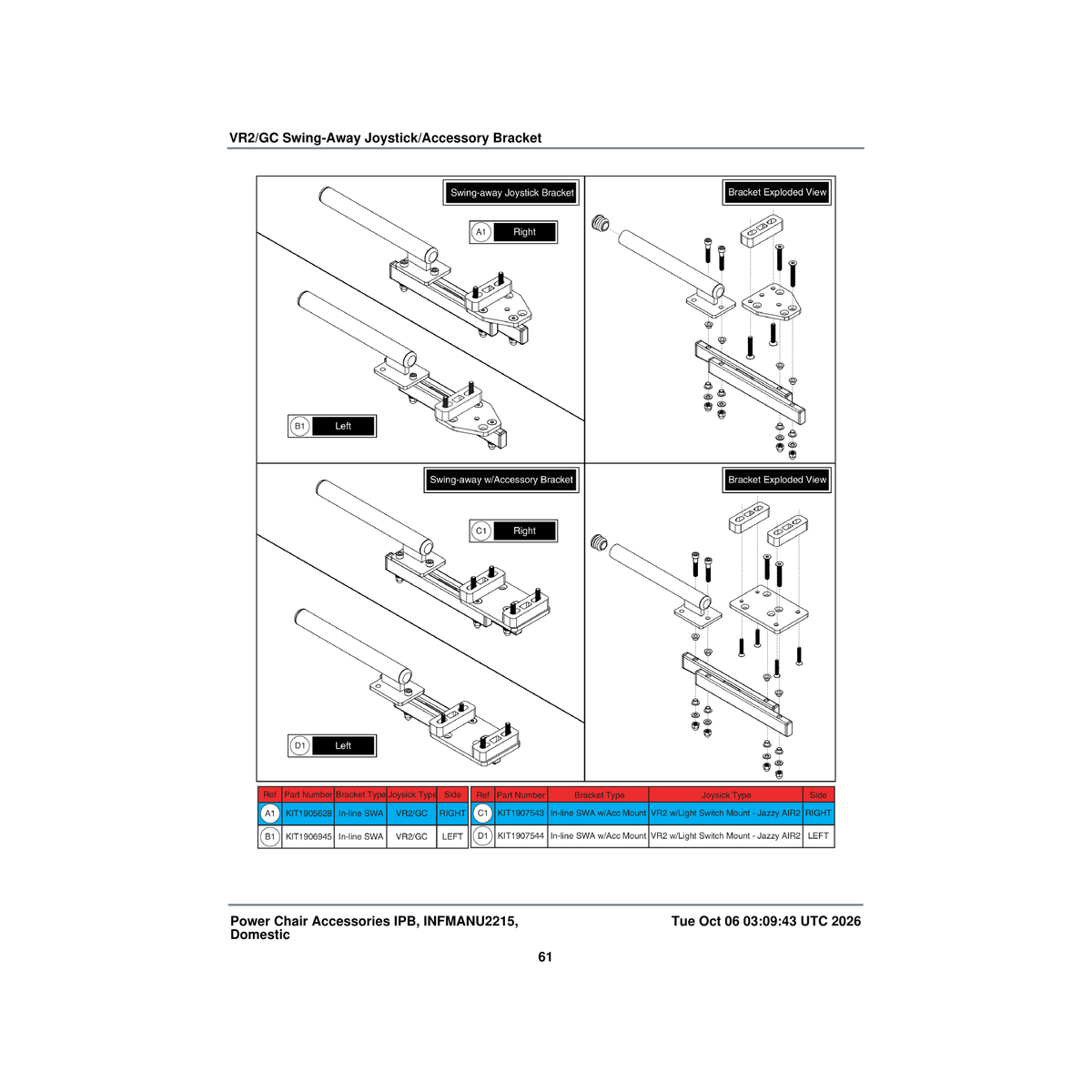 Pride Mobility KIT1905628 swing away inline joystick accessory assembly right parts diagram