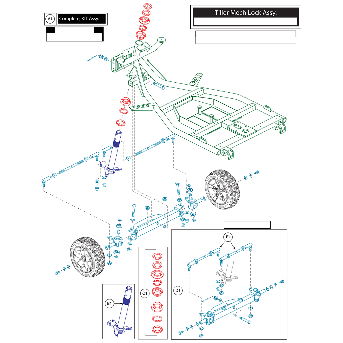 Pride Mobility (KIT2004899), Pride parts diagram of the 4-wheel VA Victory 10 front frame with power seat showing the Dynamic 10 inch front frame kit, item A1.