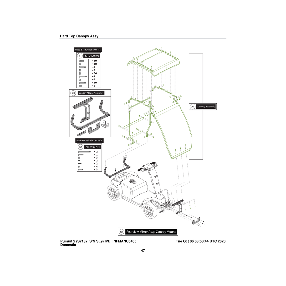 Pride Mobility KIT2400791 hardware kit canopy mounting pursuit / 130 series parts diagram
