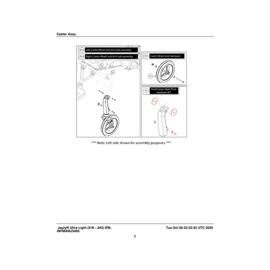 Pride Mobility KIT2403399 front lower main pivot hardware kit assembly parts diagram