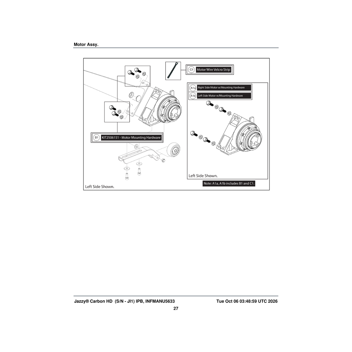 Pride Mobility KIT2506151 motor hardware kit (innuovo: l0100960) parts diagram