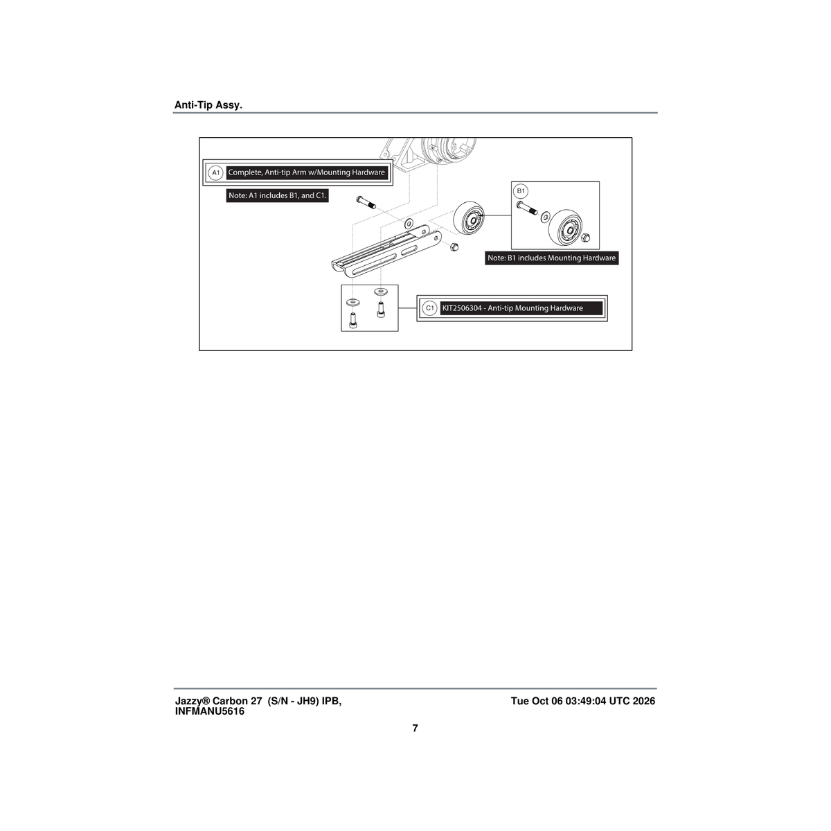Pride Mobility KIT2506307 anti tip wheel mounting hardware (innuovo: l0100999) parts diagram