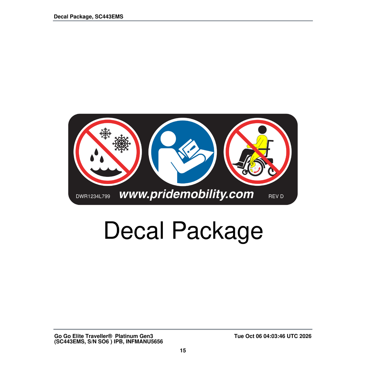 Pride Mobility LAB120050 Read Owner's Manual Weight Capacity Decal parts diagram