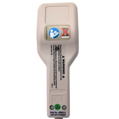 back of remote hand control. Product label stating, Model Number: HSW201U