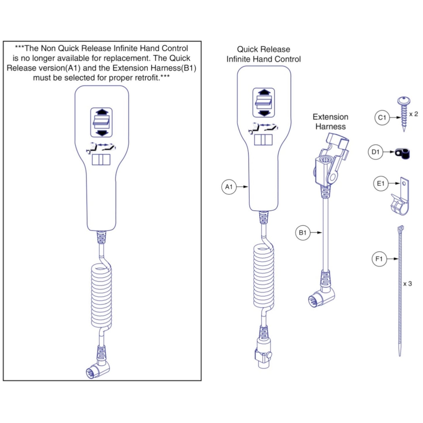 diagram showing that the original hand control is not available anymore and that the replacment with ext cord need to be purchased as its replacment