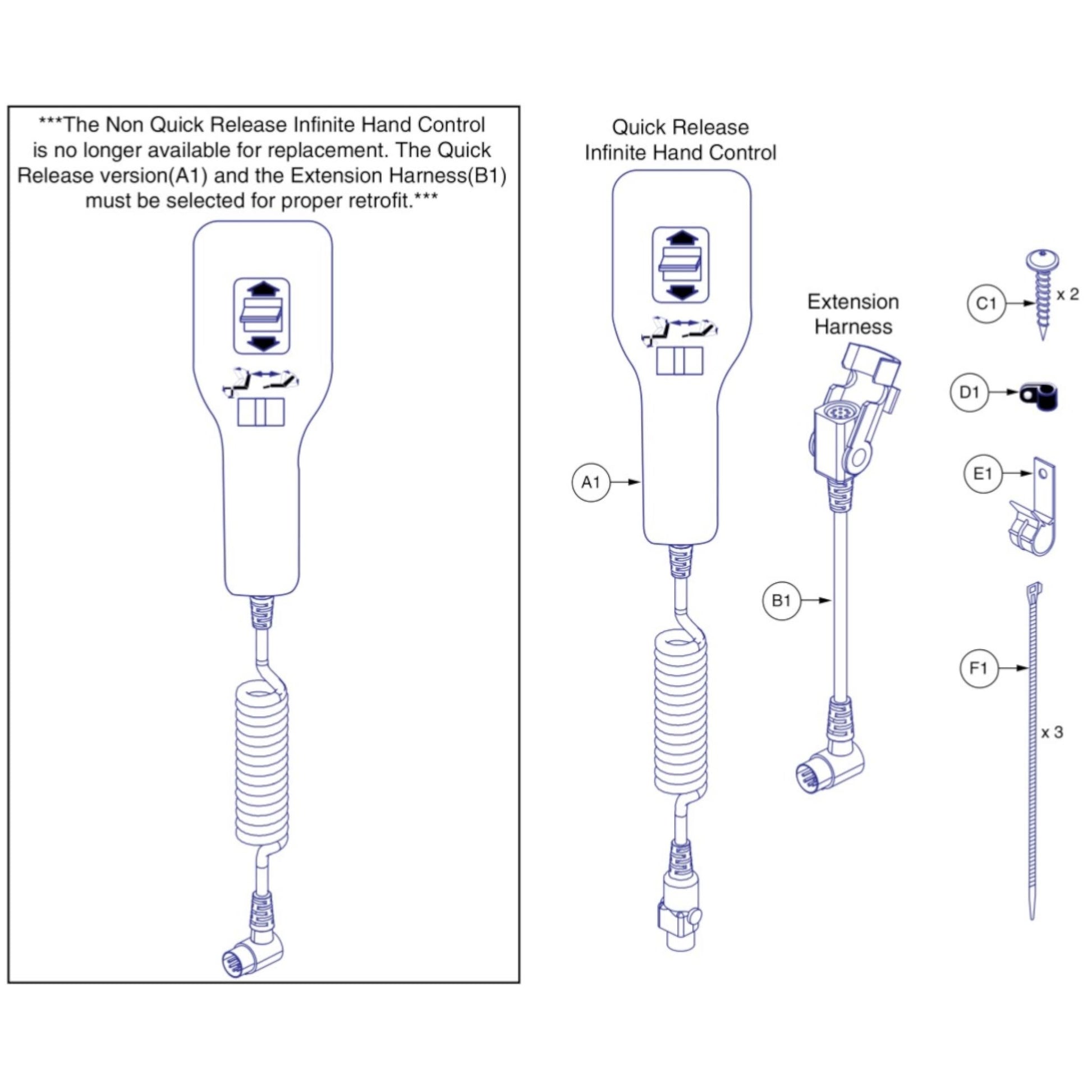 diagram showing that the original hand control is not available anymore and that the replacment with ext cord need to be purchased as its replacment