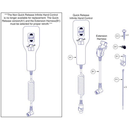 diagram showing that the original hand control is not available anymore and that the replacment with ext cord need to be purchased as its replacment