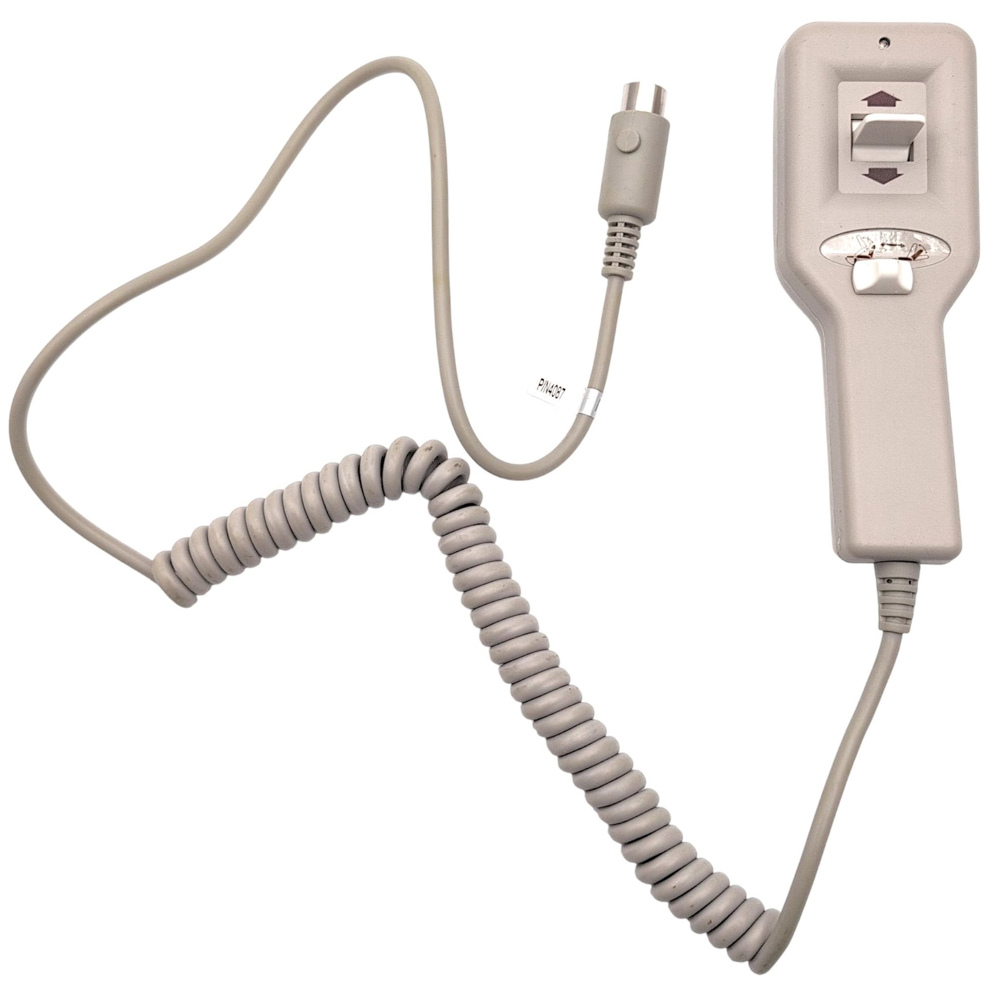 front of 2-switch remote hand control. Cord with 5-pin connector is unwound to show its length.
