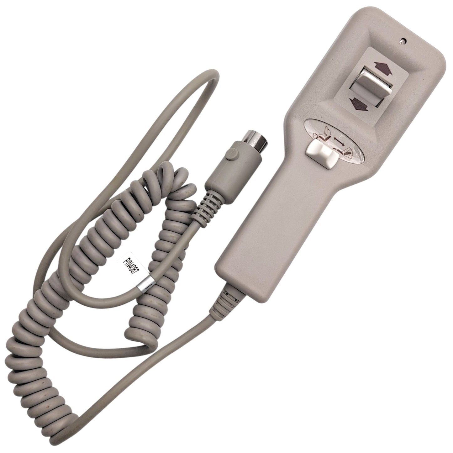 front of 2-switch remote hand control. Cord with 5-pin connector is wound up. label stating: P/N4087 in view