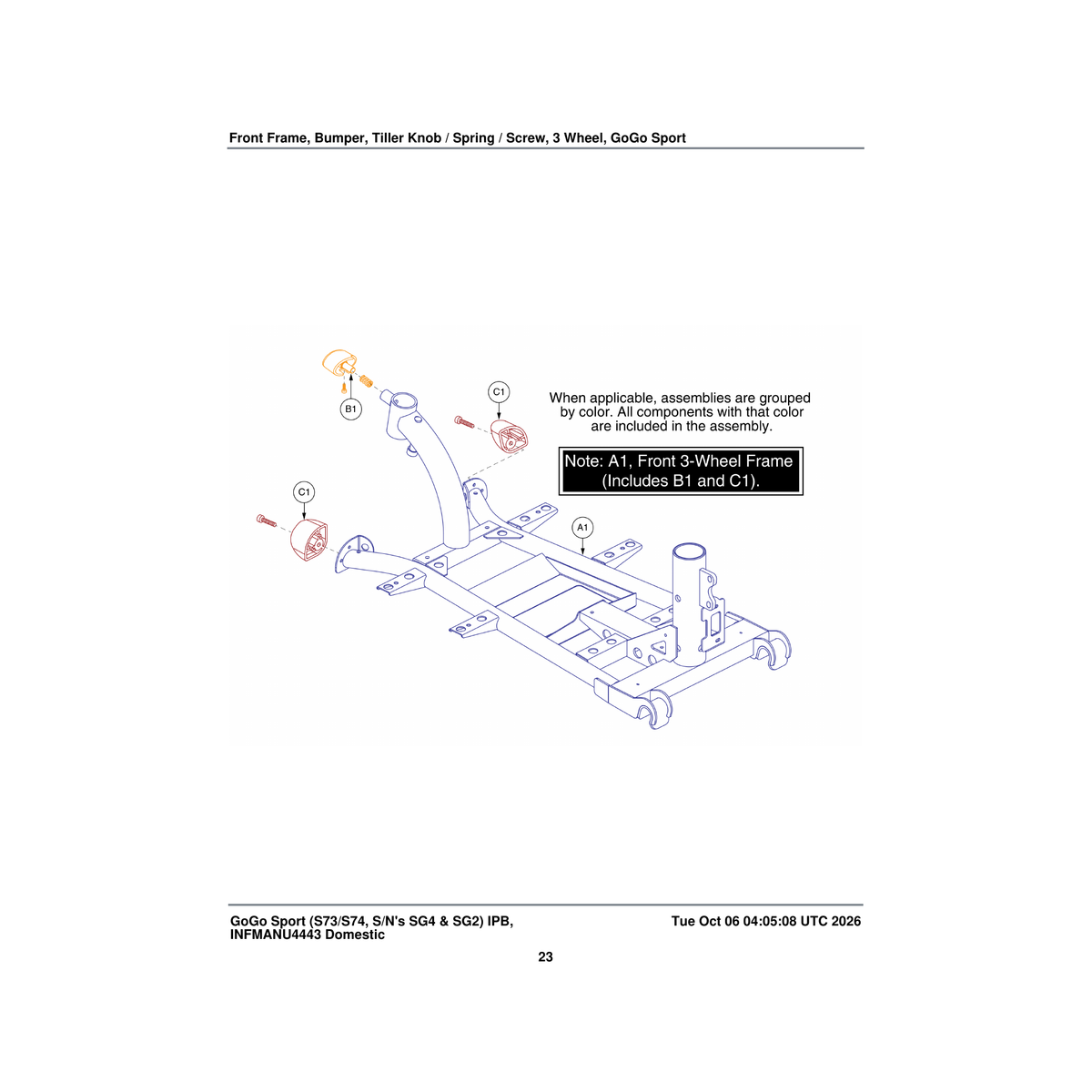Pride Mobility MEC121548 front frame assembly 3 wheel go go sport parts diagram