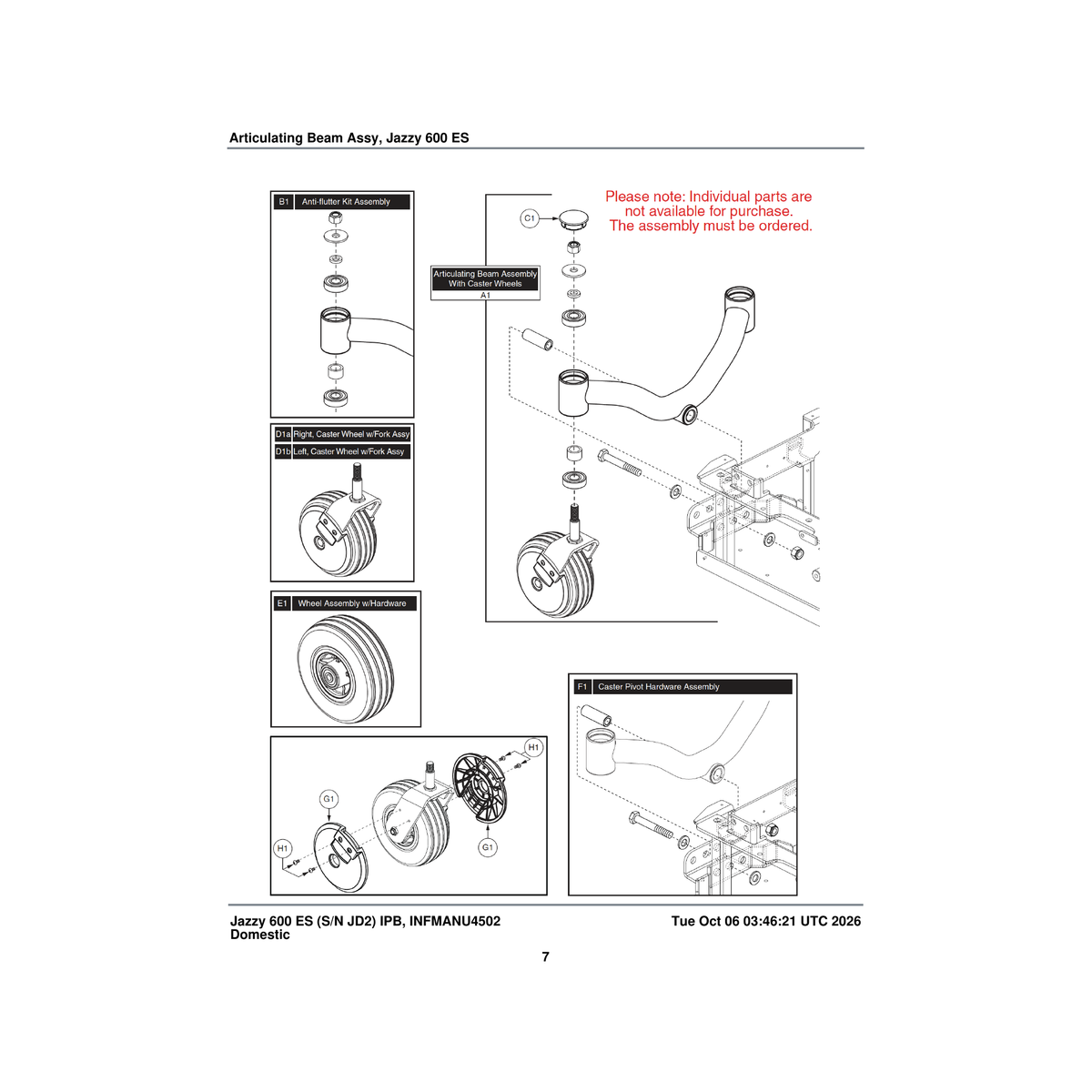 Pride Mobility MEC125035 standard articulating beam assembly with 6 inch silver rim/black tires q6 edge parts diagram