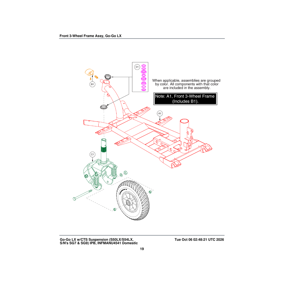 Pride Mobility MEC130075 front frame assembly suspension 3-wheel parts diagram