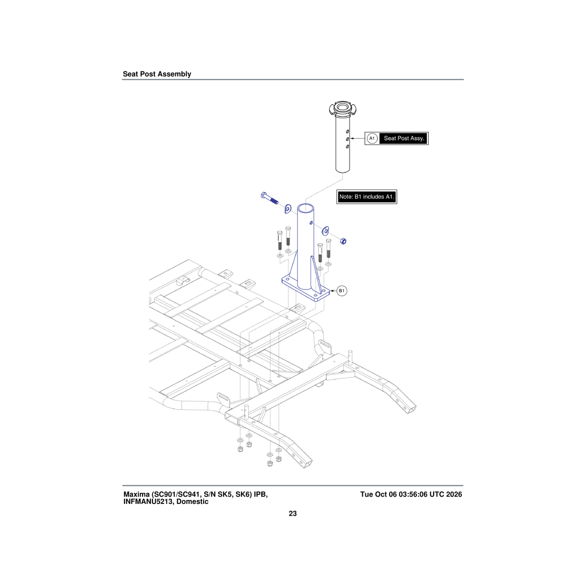Pride Mobility MEC134566 upper seat post with bushing parts diagram