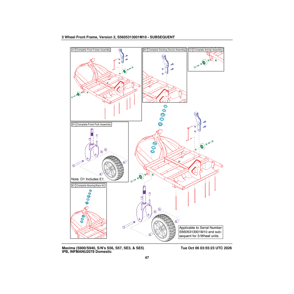 Pride Mobility MEC134575 front anti-tip assembly 71.8mm wheel parts diagram