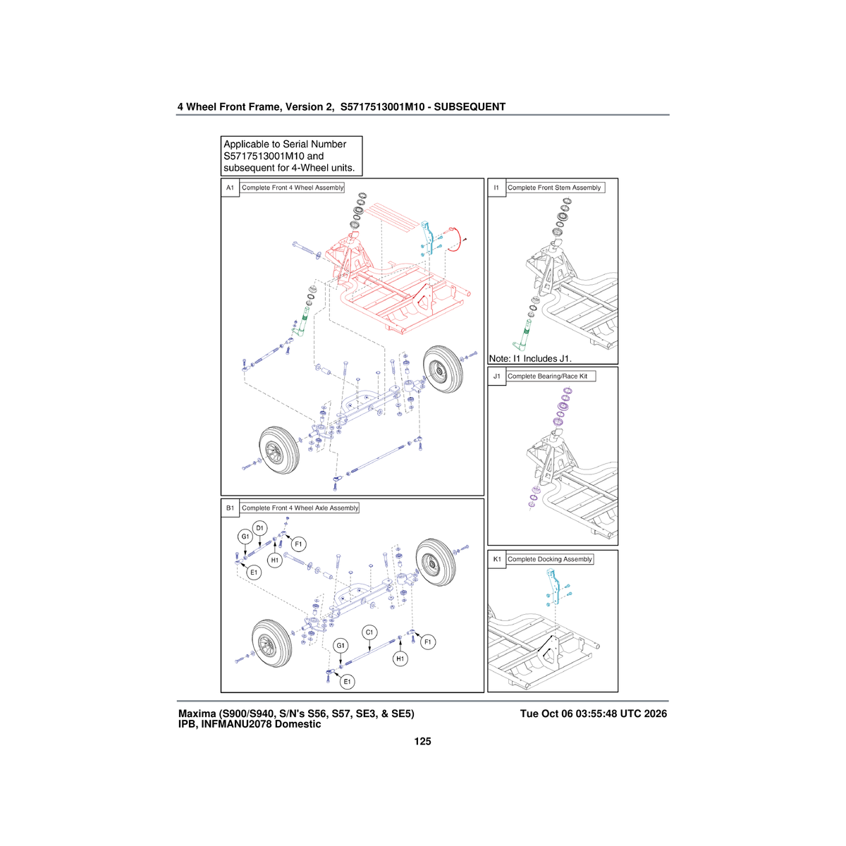 Pride Mobility MEC136718 front frame assembly 4 wheel parts diagram