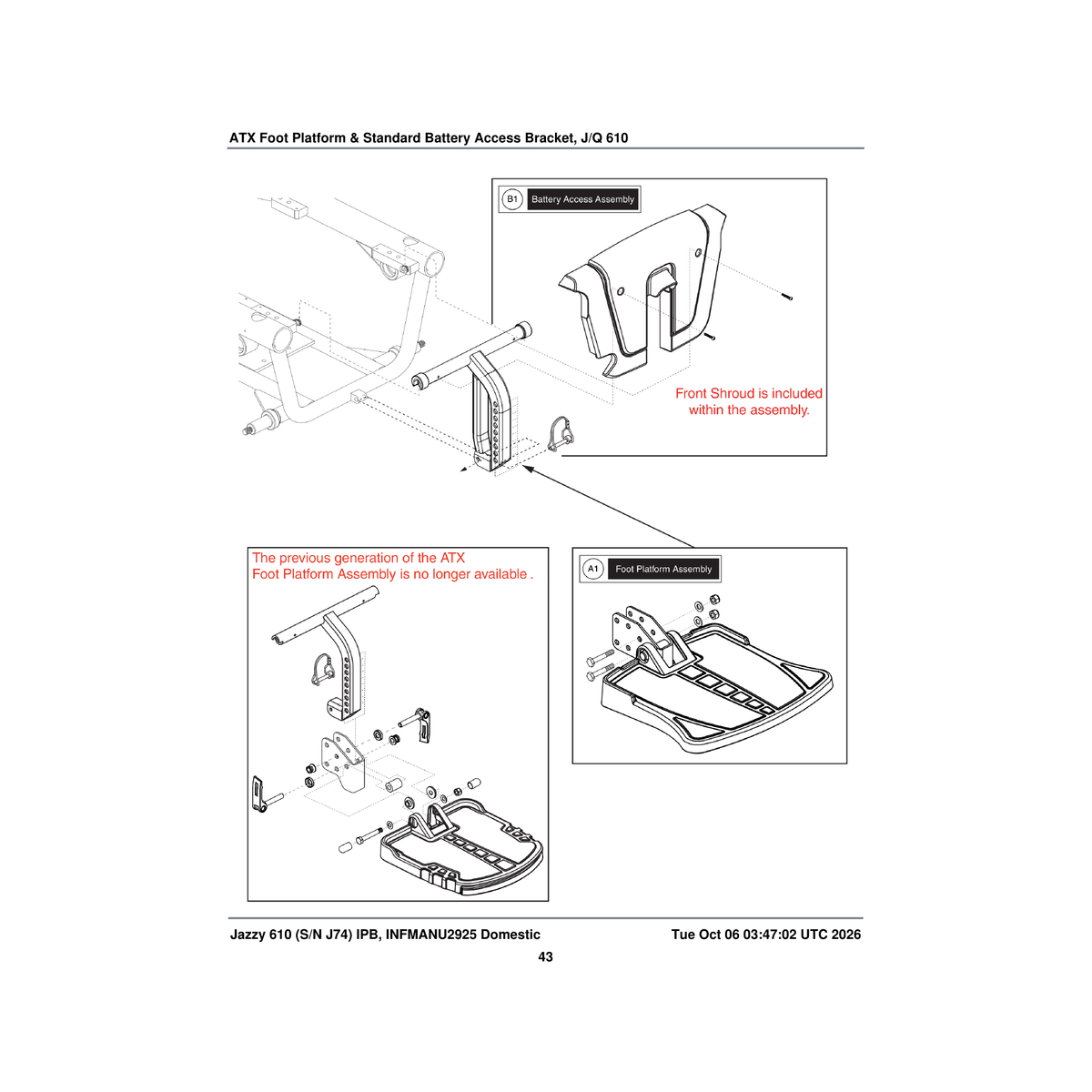 Pride Mobility MEC138920 battery access door with front shroud frame assembly j6 standard with decal parts diagram