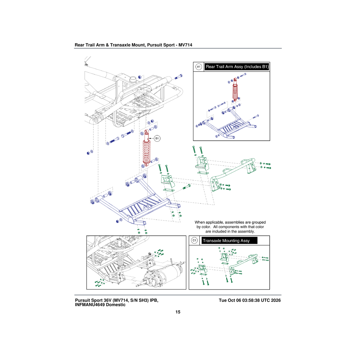 Pride Mobility MEC142302 trail arm frame assembly with steel bodied shocks mv714 parts diagram