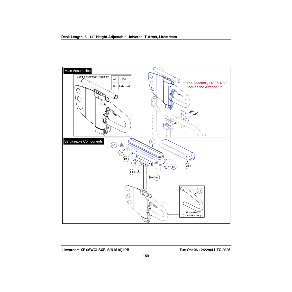 Pride Mobility MEC143062 t-arm armrest assembly universal desk length 8 - 14 inch parts diagram