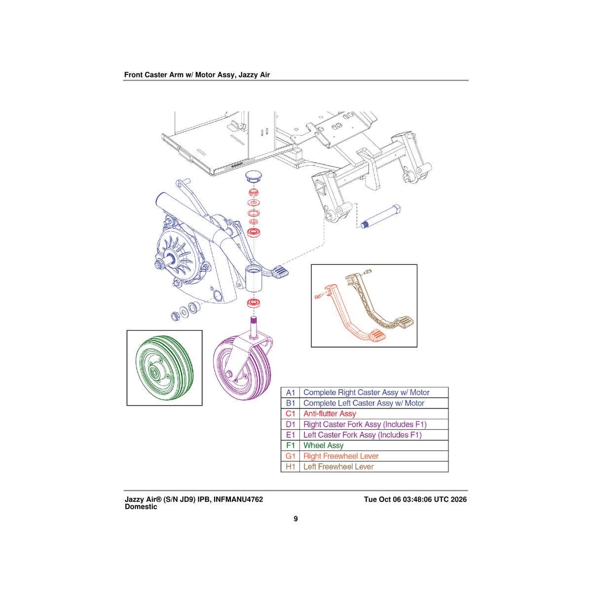 Pride Mobility MEC155350 front arm with caster & motors frame assembly left jazzy air parts diagram
