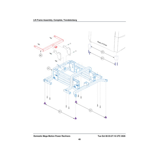 Pride Mobility MEC156372 complete frame assembly trendelenburg parts diagram