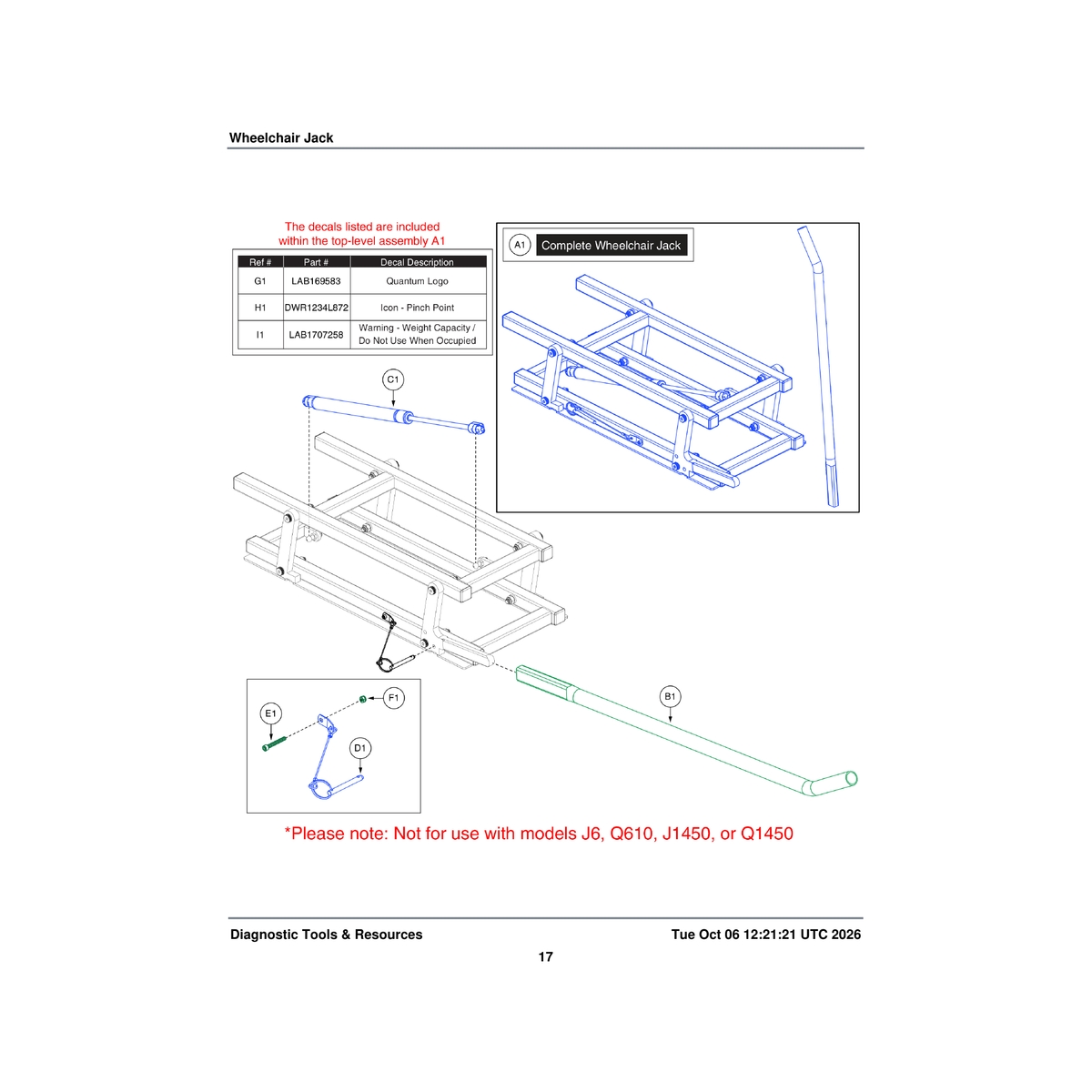 Pride Mobility MEC1612003 low profile wheelchair jack handle parts diagram