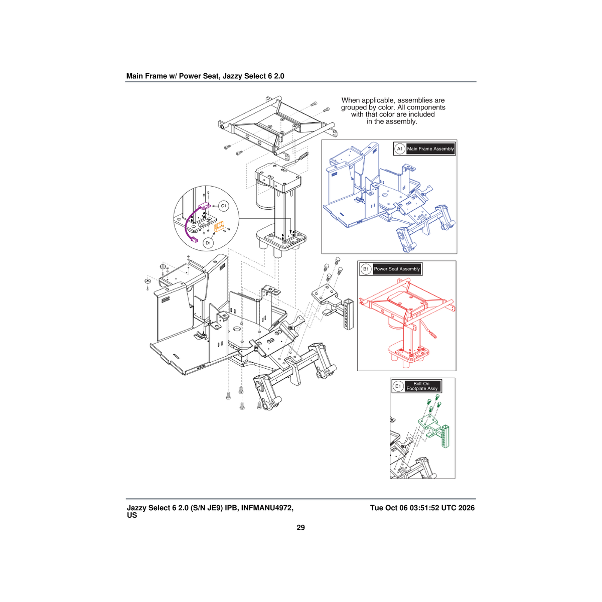 Pride Mobility MEC1701590 power seat assembly with seat interface select 6 parts diagram