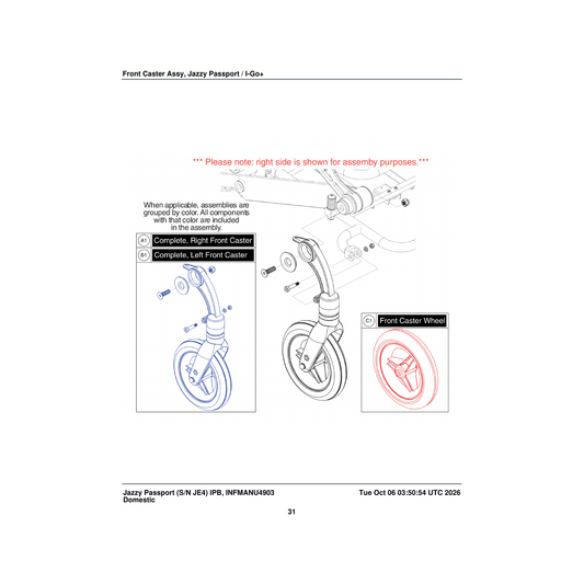 Pride Mobility MEC1705199 caster wheel assembly left ppw-sil-03 wheel hub pantone 419c tire parts diagram